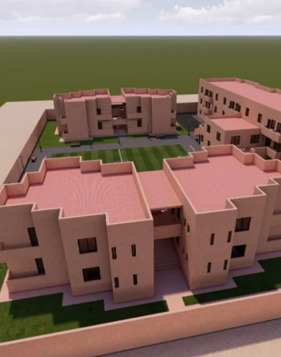 Impressie van het complex met gezinshuizen en binnentuin